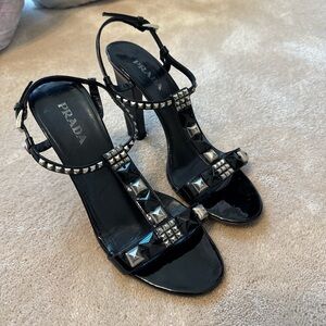 Prada Black Studded Patent T-Strap Sandals